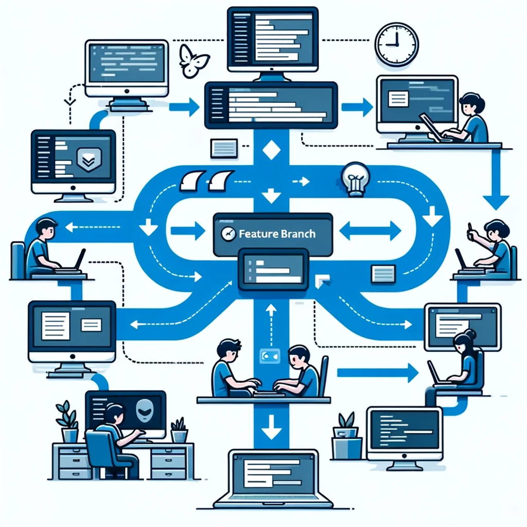 A flowchart illustrating the process of creating and managing a feature branch in GitHub