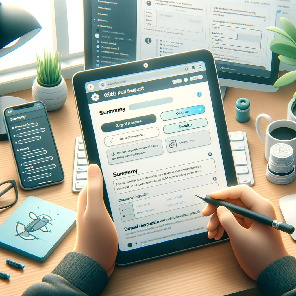 A mockup of a GitHub pull request page showing a summary and detailed description